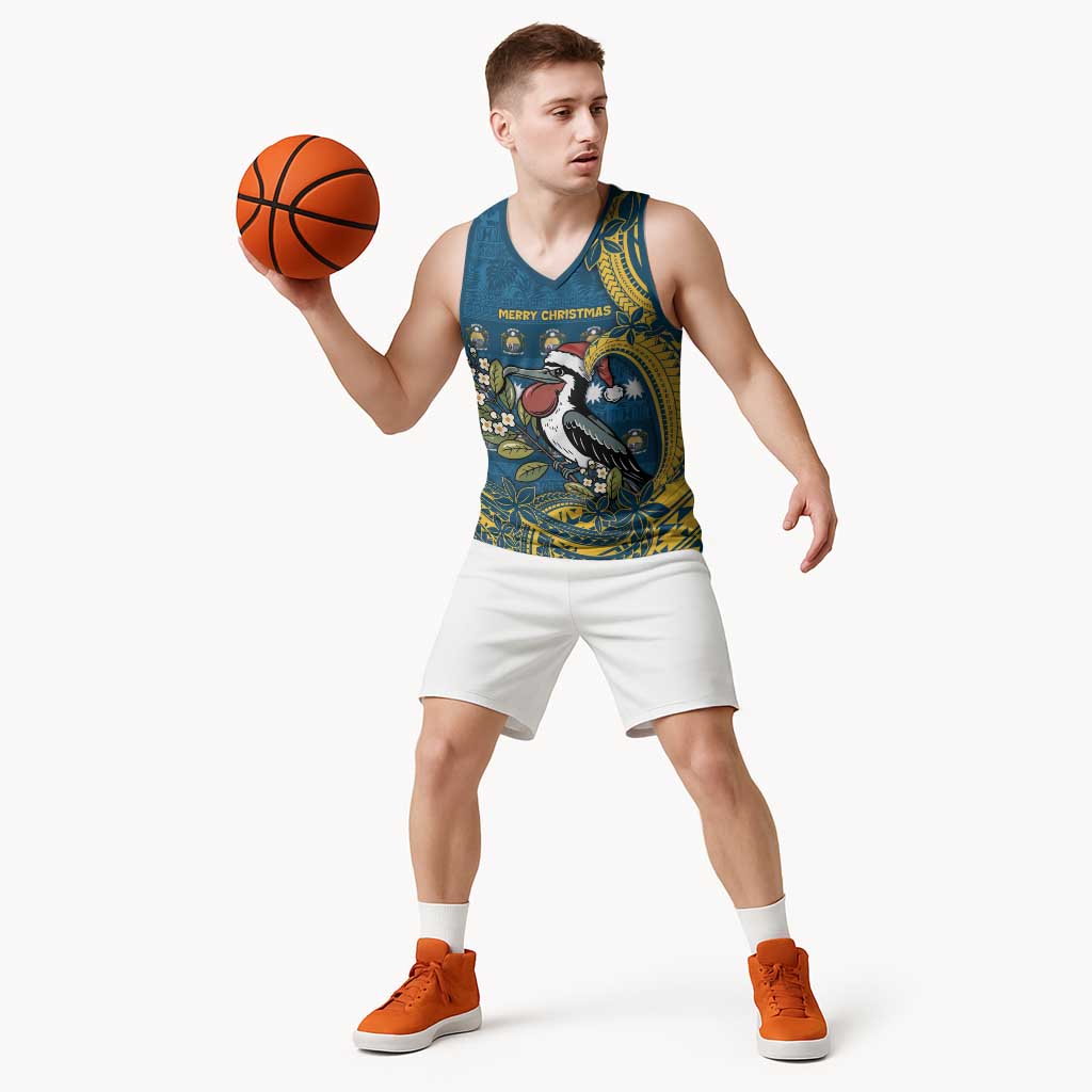 Nauru Christmas Basketball Jersey Frigatebird Bird Santa Tribal Waves - Polynesian Pride