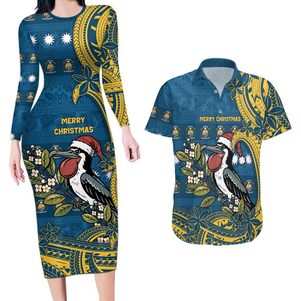 Nauru Christmas Couples Matching Long Sleeve Bodycon Dress and Hawaiian Shirt Frigatebird Bird Santa Tribal Waves DT05 Deep Blue - Polynesian Pride