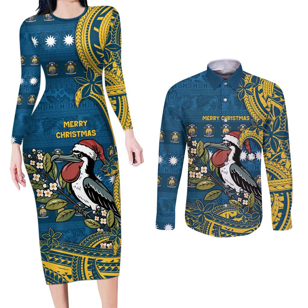 Nauru Christmas Couples Matching Long Sleeve Bodycon Dress and Long Sleeve Button Shirt Frigatebird Bird Santa Tribal Waves DT05 Deep Blue - Polynesian Pride