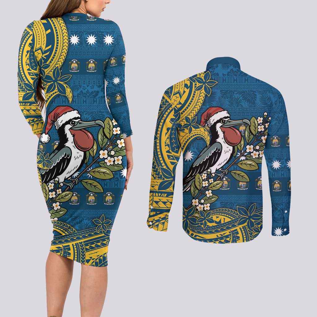 Nauru Christmas Couples Matching Long Sleeve Bodycon Dress and Long Sleeve Button Shirt Frigatebird Bird Santa Tribal Waves DT05 - Polynesian Pride