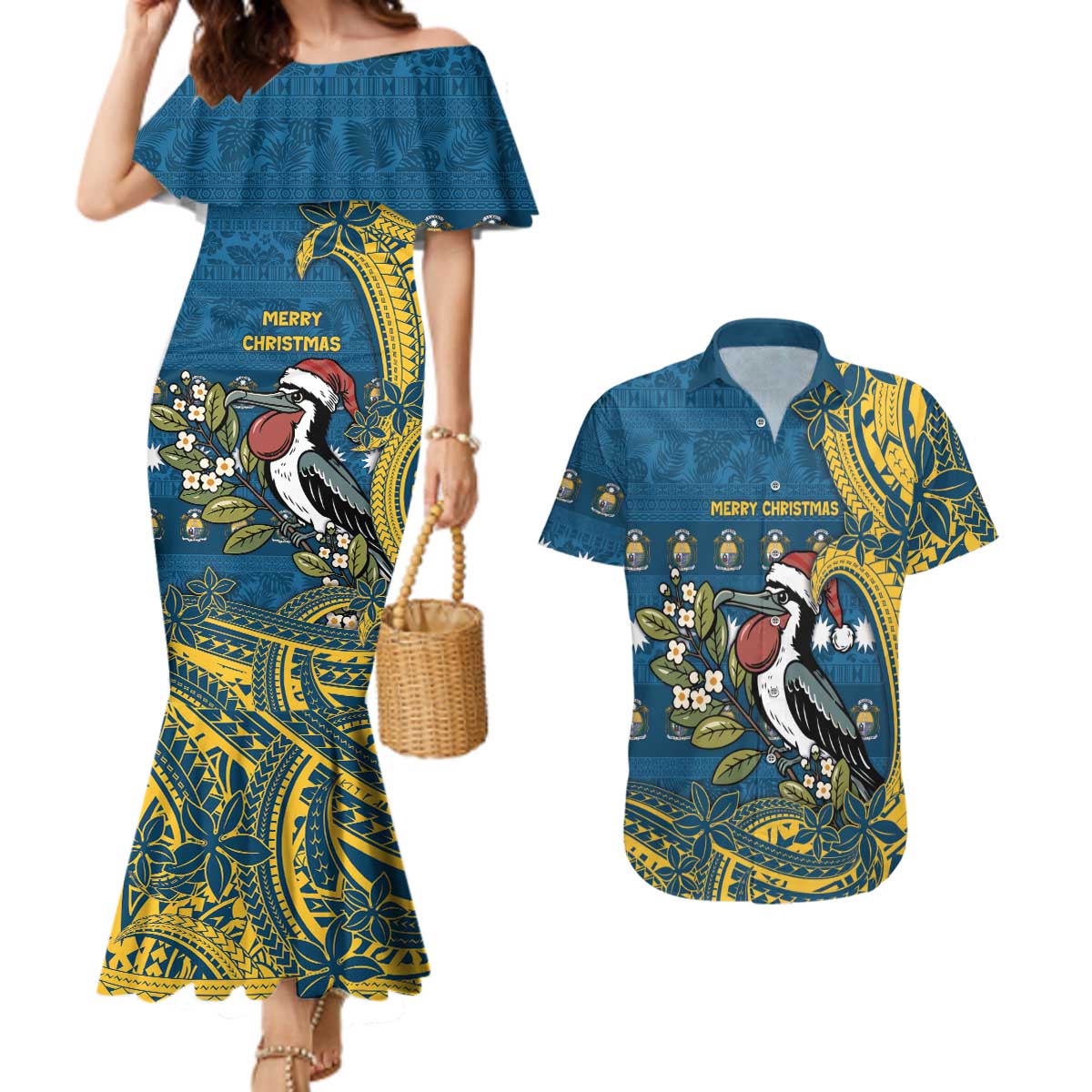 Nauru Christmas Couples Matching Mermaid Dress and Hawaiian Shirt Frigatebird Bird Santa Tribal Waves - Polynesian Pride