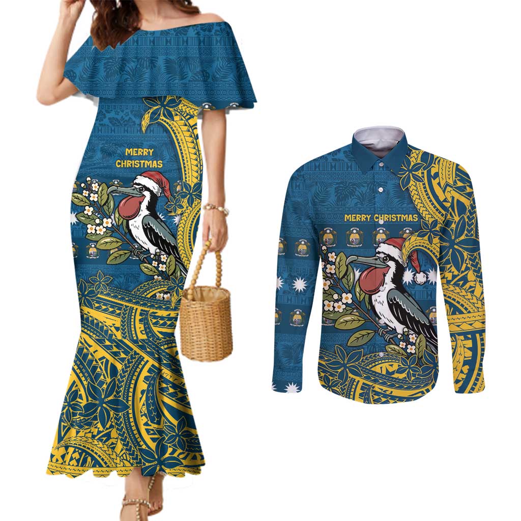 Nauru Christmas Couples Matching Mermaid Dress and Long Sleeve Button Shirt Frigatebird Bird Santa Tribal Waves DT05 Deep Blue - Polynesian Pride