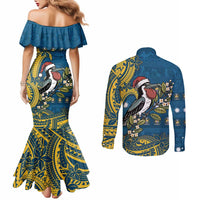 Nauru Christmas Couples Matching Mermaid Dress and Long Sleeve Button Shirt Frigatebird Bird Santa Tribal Waves DT05 - Polynesian Pride