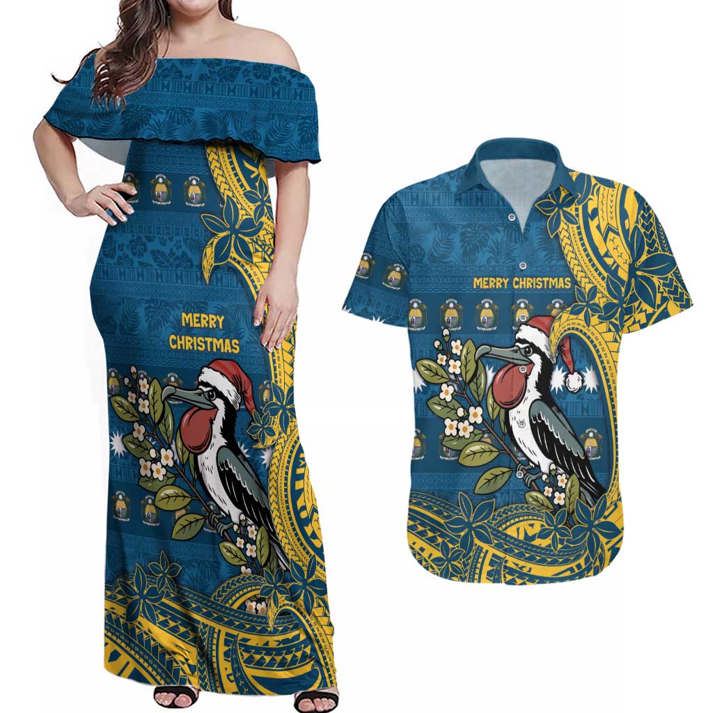 Nauru Christmas Couples Matching Off Shoulder Maxi Dress and Hawaiian Shirt Frigatebird Bird Santa Tribal Waves DT05 Deep Blue - Polynesian Pride