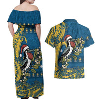 Nauru Christmas Couples Matching Off Shoulder Maxi Dress and Hawaiian Shirt Frigatebird Bird Santa Tribal Waves DT05 - Polynesian Pride