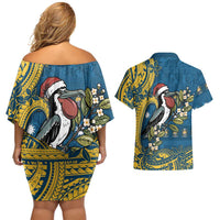 Nauru Christmas Couples Matching Off Shoulder Short Dress and Hawaiian Shirt Frigatebird Bird Santa Tribal Waves DT05 - Polynesian Pride