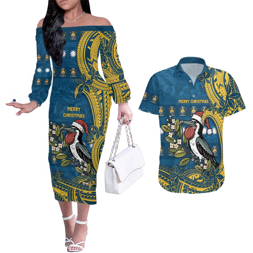 Nauru Christmas Couples Matching Off The Shoulder Long Sleeve Dress and Hawaiian Shirt Frigatebird Bird Santa Tribal Waves DT05 Deep Blue - Polynesian Pride