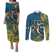 Nauru Christmas Couples Matching Puletasi and Long Sleeve Button Shirt Frigatebird Bird Santa Tribal Waves - Polynesian Pride