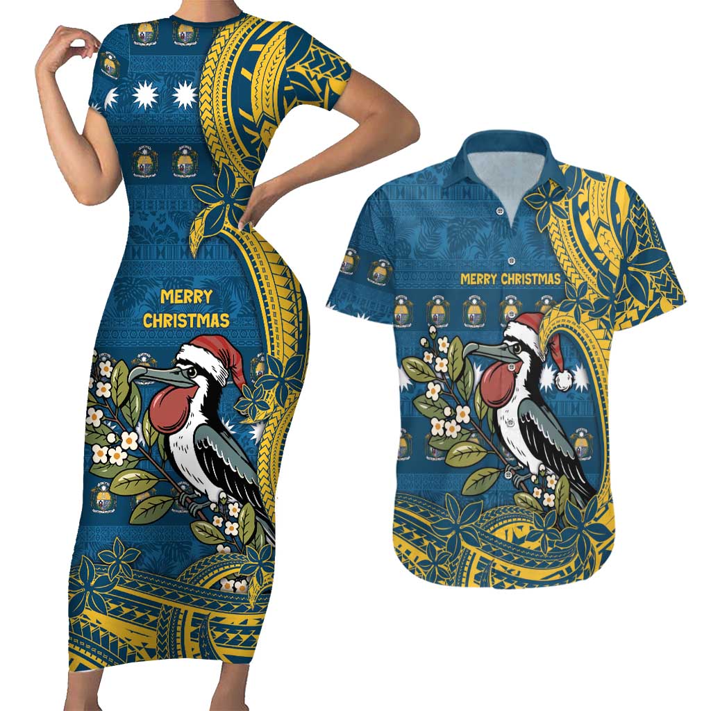 Nauru Christmas Couples Matching Short Sleeve Bodycon Dress and Hawaiian Shirt Frigatebird Bird Santa Tribal Waves DT05 Deep Blue - Polynesian Pride