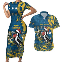 Nauru Christmas Couples Matching Short Sleeve Bodycon Dress and Hawaiian Shirt Frigatebird Bird Santa Tribal Waves DT05 Deep Blue - Polynesian Pride