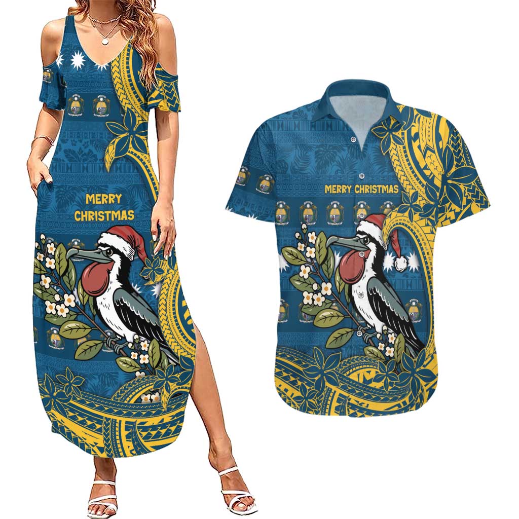 Nauru Christmas Couples Matching Summer Maxi Dress and Hawaiian Shirt Frigatebird Bird Santa Tribal Waves DT05 Deep Blue - Polynesian Pride