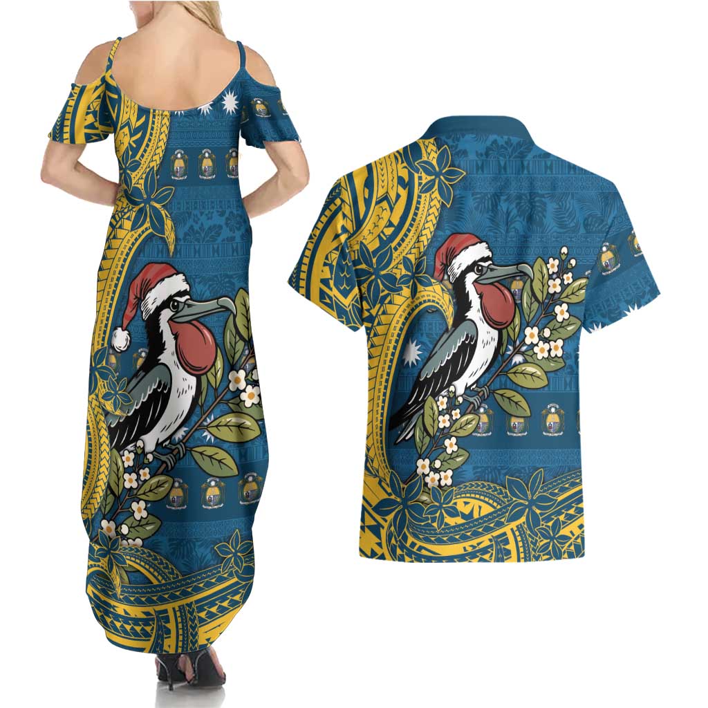 Nauru Christmas Couples Matching Summer Maxi Dress and Hawaiian Shirt Frigatebird Bird Santa Tribal Waves DT05 - Polynesian Pride