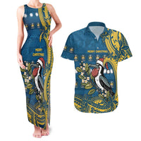 Nauru Christmas Couples Matching Tank Maxi Dress and Hawaiian Shirt Frigatebird Bird Santa Tribal Waves DT05 Deep Blue - Polynesian Pride