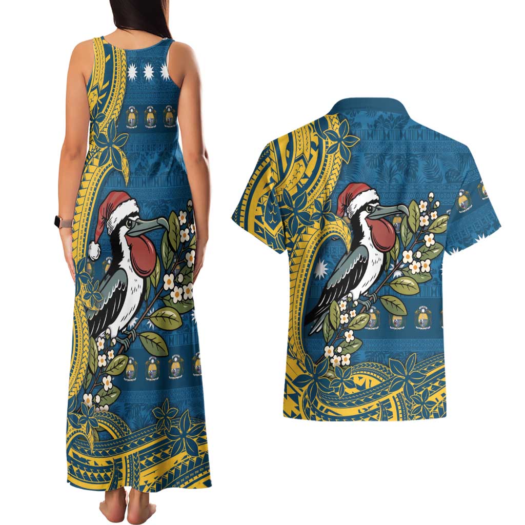 Nauru Christmas Couples Matching Tank Maxi Dress and Hawaiian Shirt Frigatebird Bird Santa Tribal Waves DT05 - Polynesian Pride