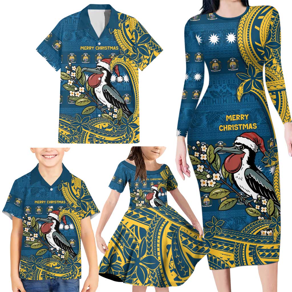 Nauru Christmas Family Matching Long Sleeve Bodycon Dress and Hawaiian Shirt Frigatebird Bird Santa Tribal Waves DT05 - Polynesian Pride