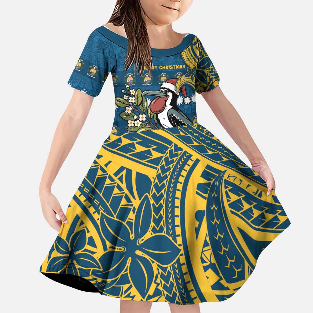 Nauru Christmas Family Matching Mermaid Dress and Hawaiian Shirt Frigatebird Bird Santa Tribal Waves DT05 Daughter's Dress Deep Blue - Polynesian Pride