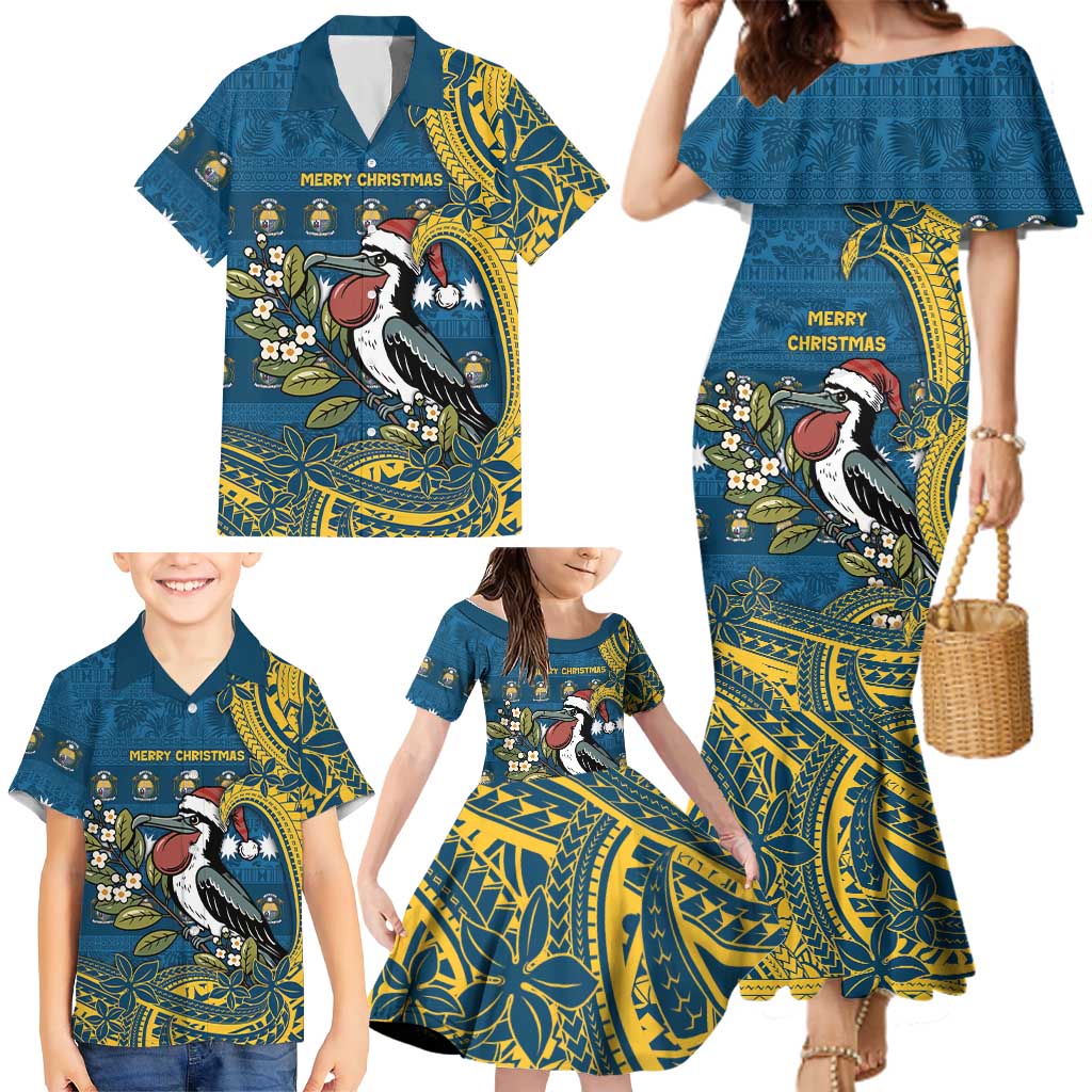 Nauru Christmas Family Matching Mermaid Dress and Hawaiian Shirt Frigatebird Bird Santa Tribal Waves DT05 - Polynesian Pride