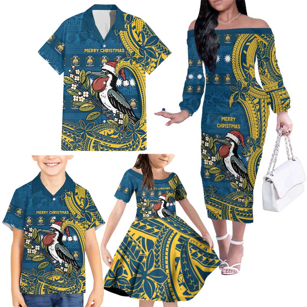 Nauru Christmas Family Matching Off The Shoulder Long Sleeve Dress and Hawaiian Shirt Frigatebird Bird Santa Tribal Waves - Polynesian Pride