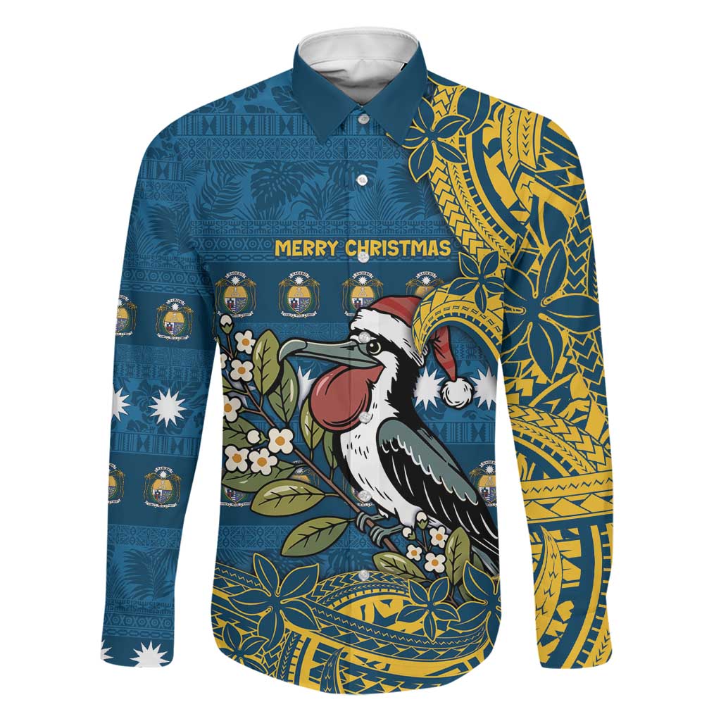 Nauru Christmas Family Matching Off The Shoulder Long Sleeve Dress and Hawaiian Shirt Frigatebird Bird Santa Tribal Waves DT05 Dad's Shirt - Long Sleeve Deep Blue - Polynesian Pride