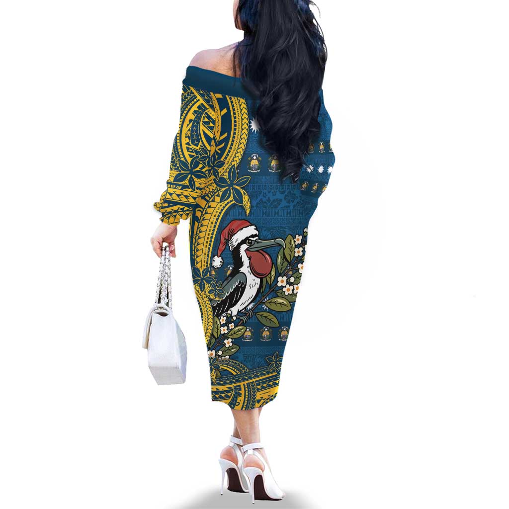 Nauru Christmas Family Matching Off The Shoulder Long Sleeve Dress and Hawaiian Shirt Frigatebird Bird Santa Tribal Waves DT05 - Polynesian Pride