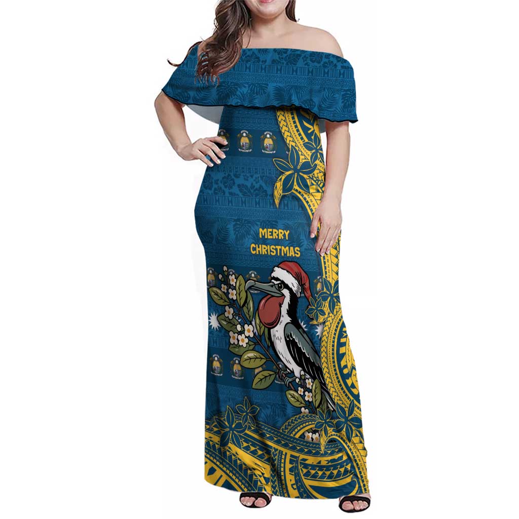 Nauru Christmas Family Matching Off Shoulder Maxi Dress and Hawaiian Shirt Frigatebird Bird Santa Tribal Waves DT05 Mom's Dress Deep Blue - Polynesian Pride