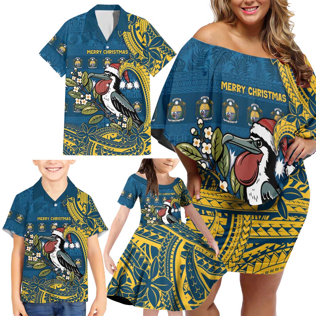 Nauru Christmas Family Matching Off Shoulder Short Dress and Hawaiian Shirt Frigatebird Bird Santa Tribal Waves DT05 - Polynesian Pride
