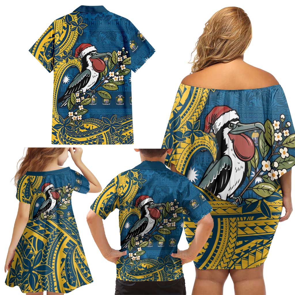 Nauru Christmas Family Matching Off Shoulder Short Dress and Hawaiian Shirt Frigatebird Bird Santa Tribal Waves DT05 - Polynesian Pride