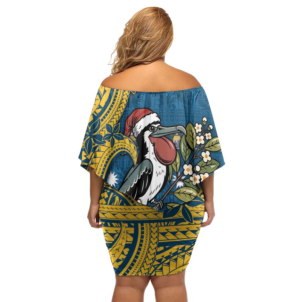 Nauru Christmas Family Matching Off Shoulder Short Dress and Hawaiian Shirt Frigatebird Bird Santa Tribal Waves DT05 - Polynesian Pride