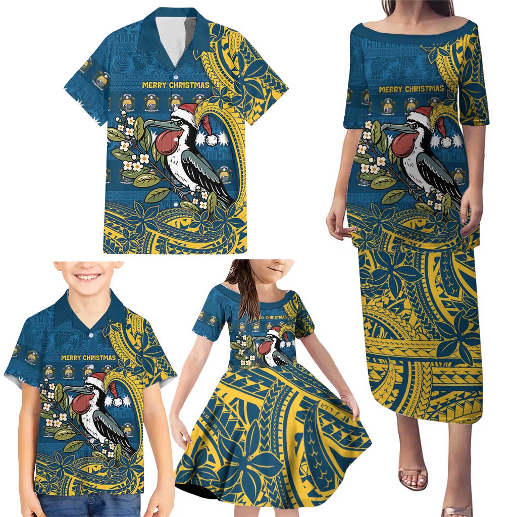 Nauru Christmas Family Matching Puletasi and Hawaiian Shirt Frigatebird Bird Santa Tribal Waves DT05 - Polynesian Pride