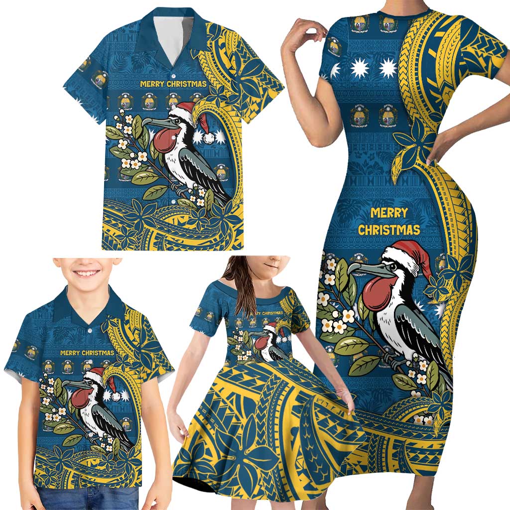 Nauru Christmas Family Matching Short Sleeve Bodycon Dress and Hawaiian Shirt Frigatebird Bird Santa Tribal Waves DT05 - Polynesian Pride