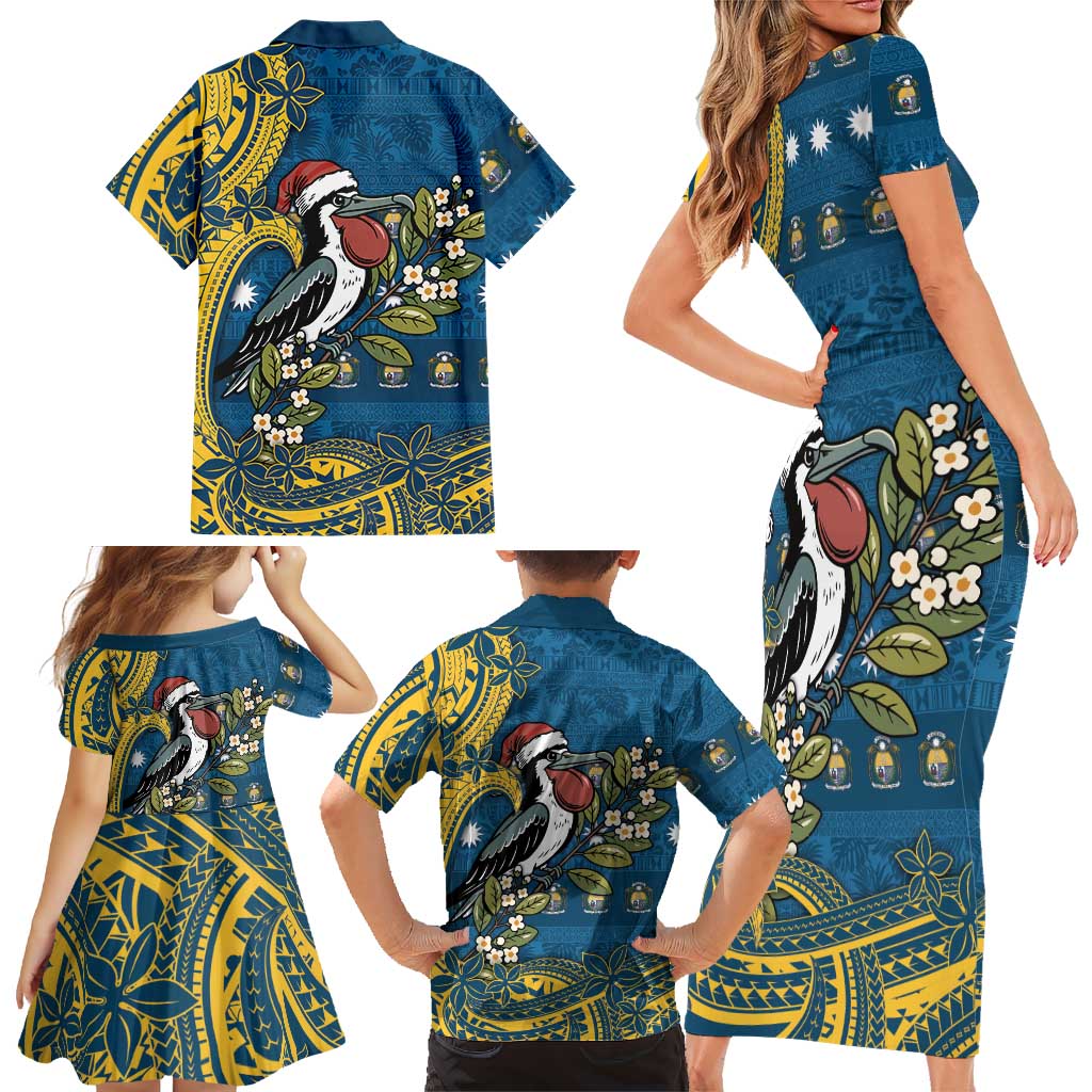 Nauru Christmas Family Matching Short Sleeve Bodycon Dress and Hawaiian Shirt Frigatebird Bird Santa Tribal Waves DT05 - Polynesian Pride