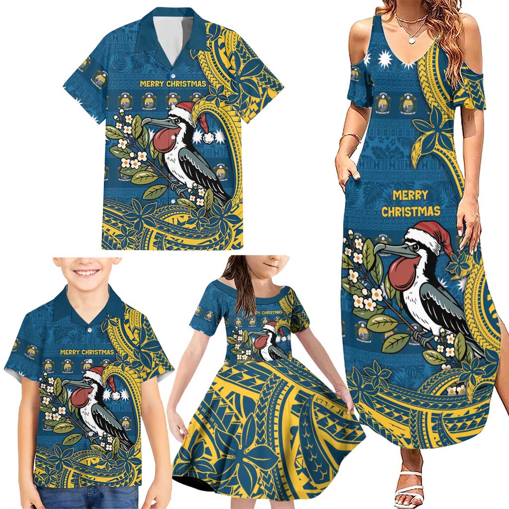Nauru Christmas Family Matching Summer Maxi Dress and Hawaiian Shirt Frigatebird Bird Santa Tribal Waves - Polynesian Pride