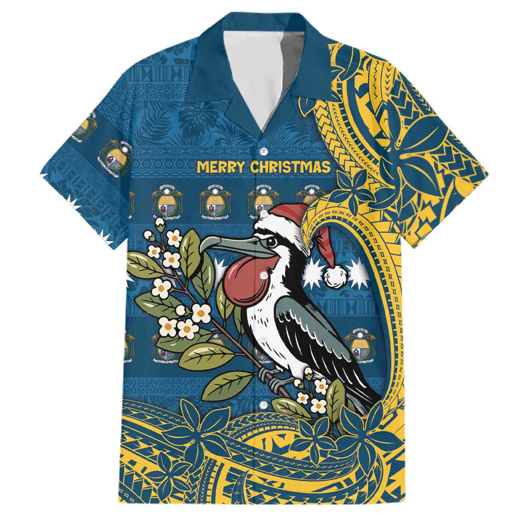 Nauru Christmas Family Matching Summer Maxi Dress and Hawaiian Shirt Frigatebird Bird Santa Tribal Waves DT05 Dad's Shirt - Short Sleeve Deep Blue - Polynesian Pride