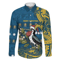Nauru Christmas Family Matching Summer Maxi Dress and Hawaiian Shirt Frigatebird Bird Santa Tribal Waves DT05 Dad's Shirt - Long Sleeve Deep Blue - Polynesian Pride