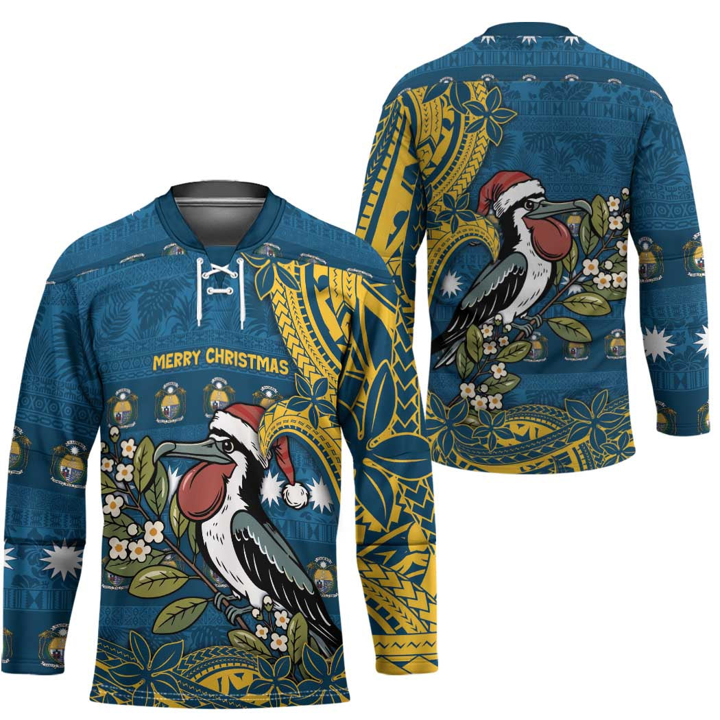 Nauru Christmas Hockey Jersey Frigatebird Bird Santa Tribal Waves - Polynesian Pride