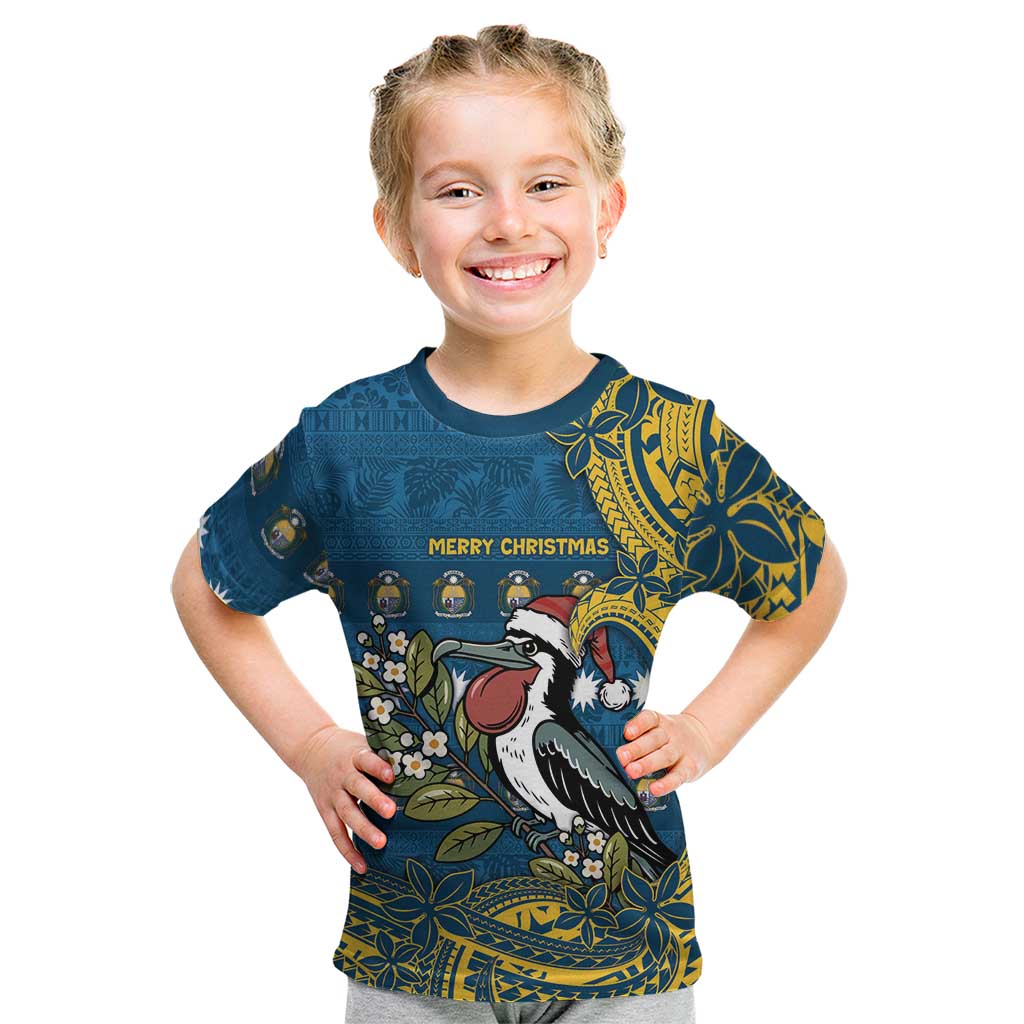 Nauru Christmas Kid T Shirt Frigatebird Bird Santa Tribal Waves - Polynesian Pride
