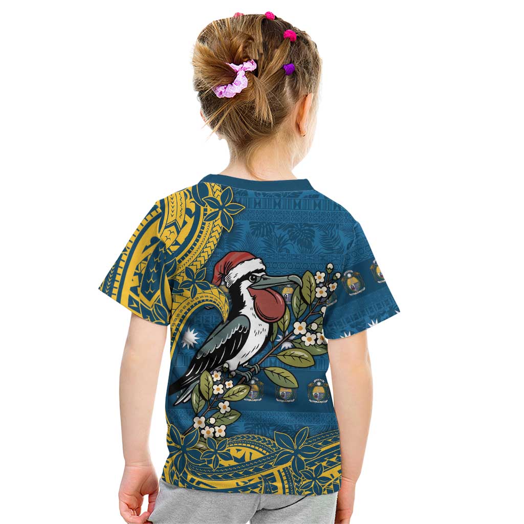 Nauru Christmas Kid T Shirt Frigatebird Bird Santa Tribal Waves - Polynesian Pride