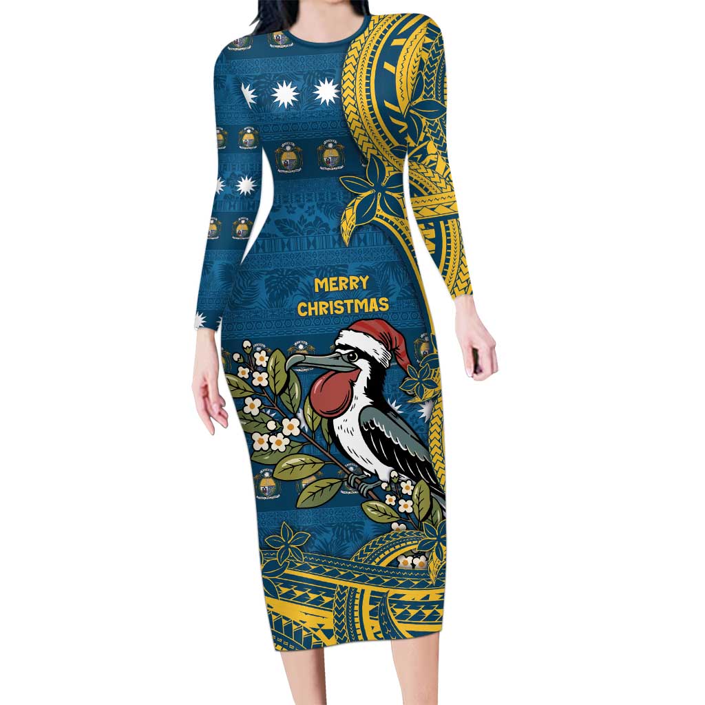 Nauru Christmas Long Sleeve Bodycon Dress Frigatebird Bird Santa Tribal Waves DT05 Long Dress Deep Blue - Polynesian Pride