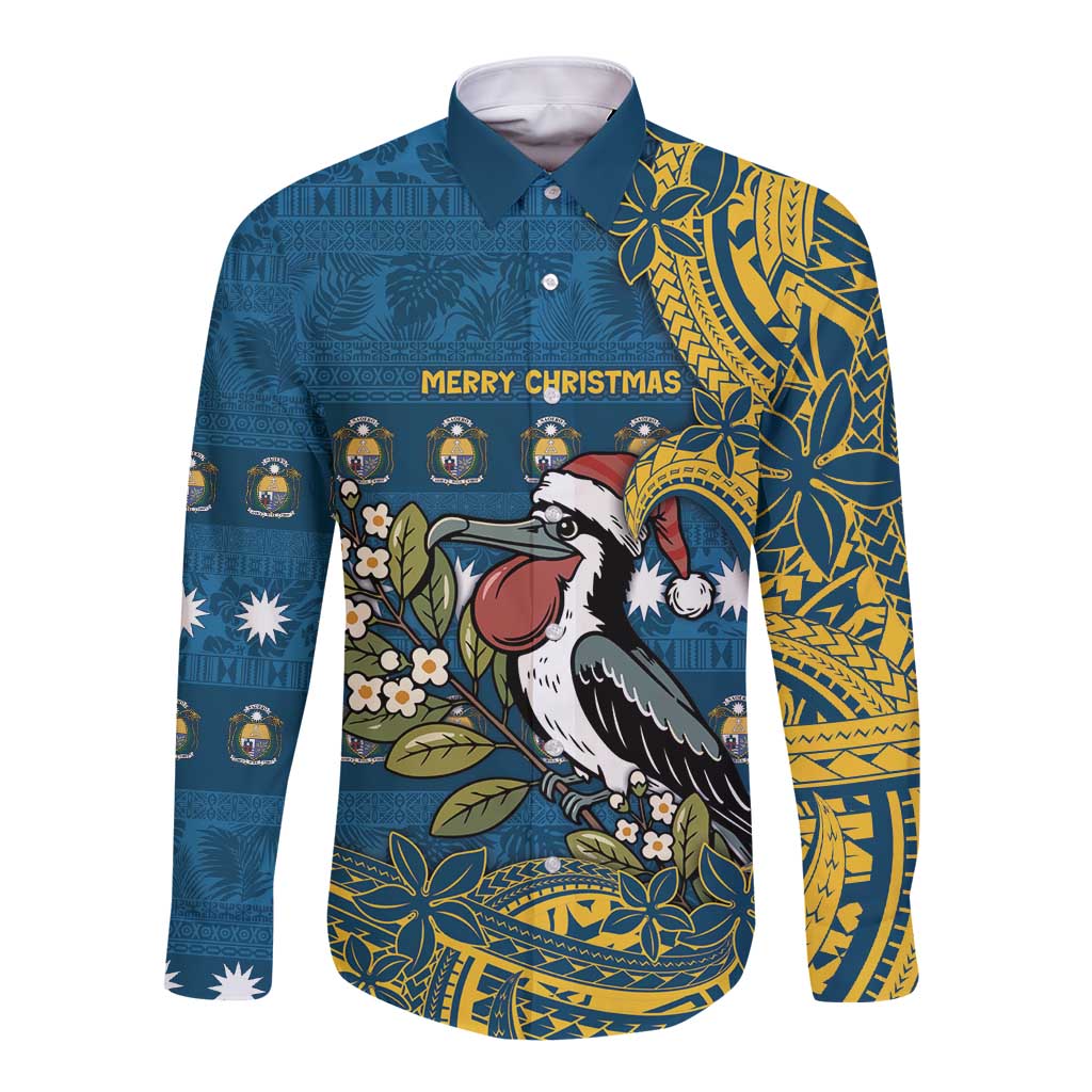 Nauru Christmas Long Sleeve Button Shirt Frigatebird Bird Santa Tribal Waves DT05 Unisex Deep Blue - Polynesian Pride