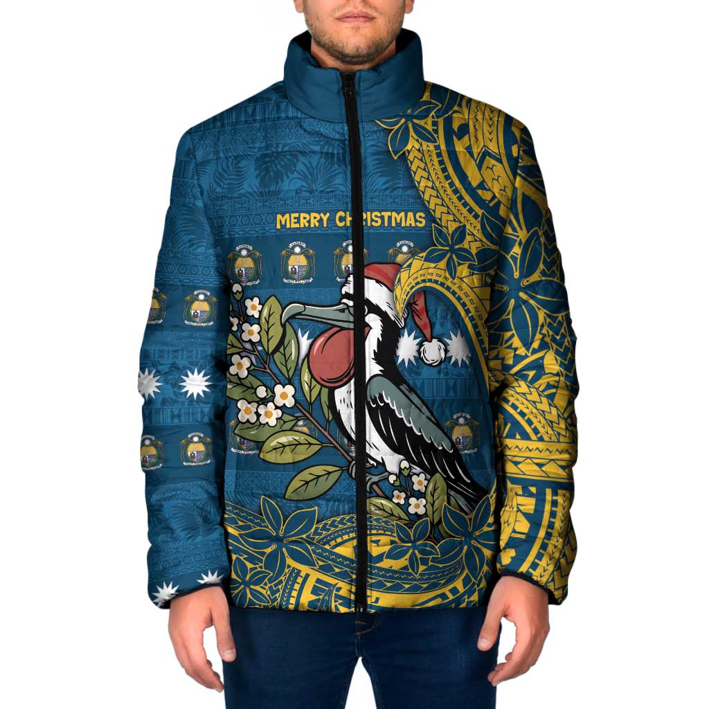 Nauru Christmas Padded Jacket Frigatebird Bird Santa Tribal Waves DT05 Men Deep Blue - Polynesian Pride