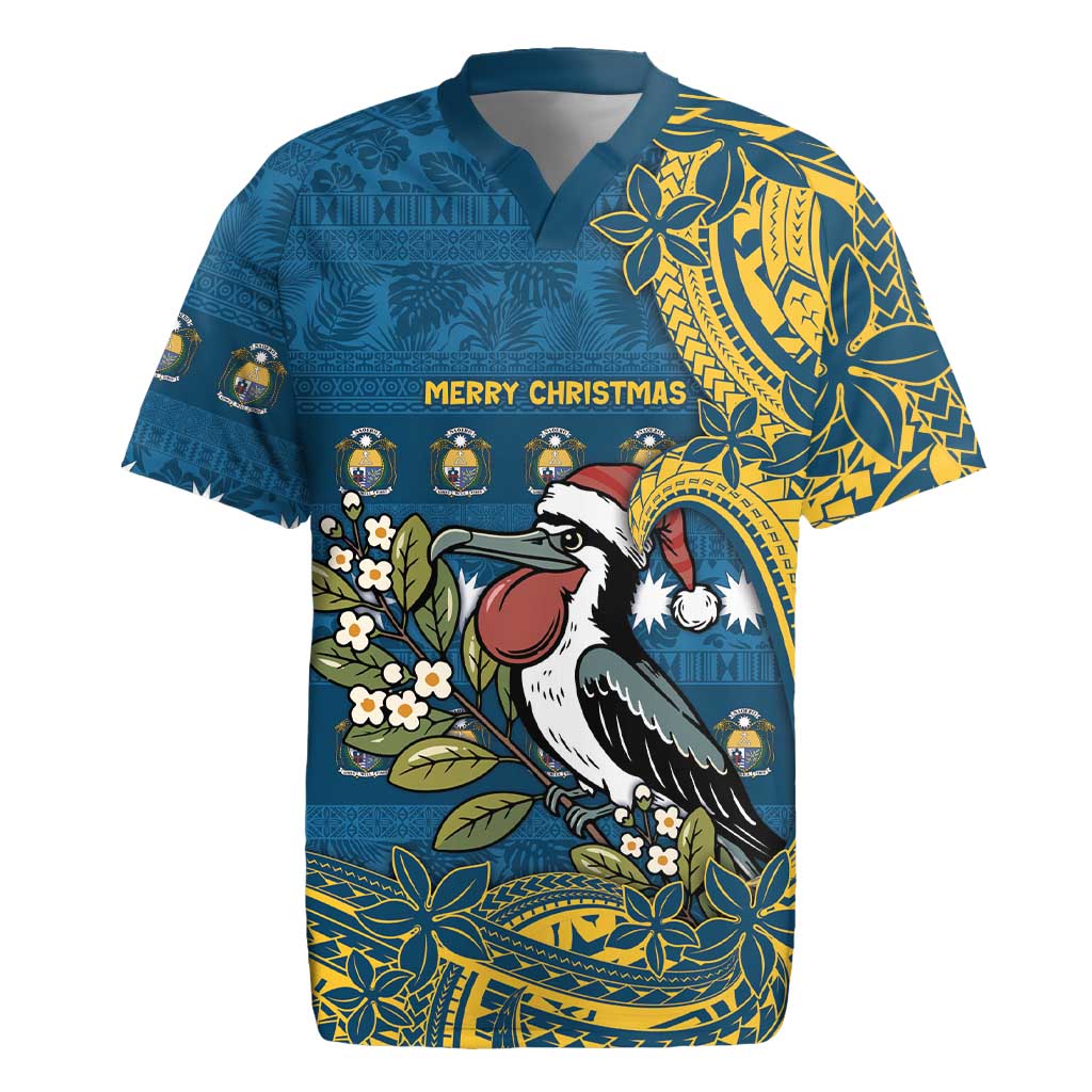 Nauru Christmas Rugby Jersey Frigatebird Bird Santa Tribal Waves DT05 Deep Blue - Polynesian Pride