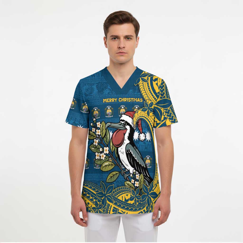 Nauru Christmas Scrub Top Frigatebird Bird Santa Tribal Waves - Polynesian Pride