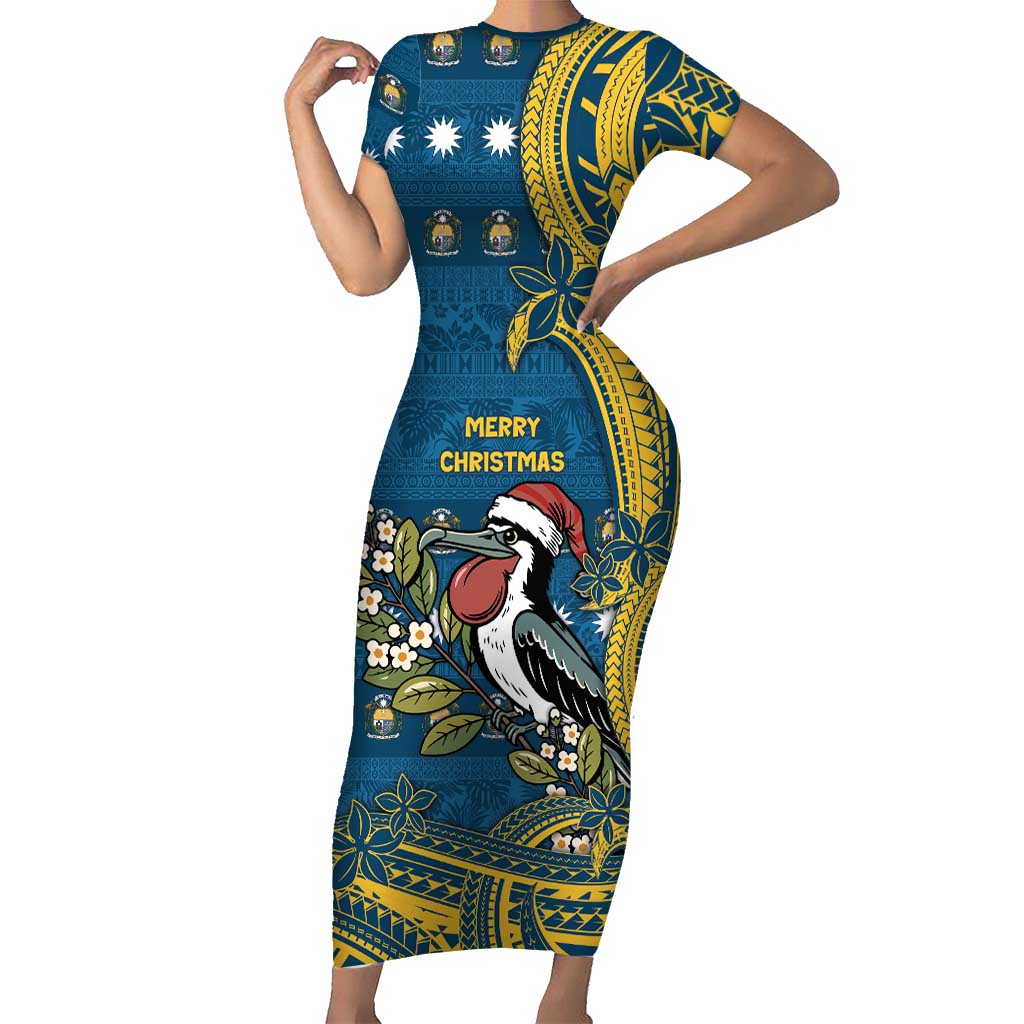 Nauru Christmas Short Sleeve Bodycon Dress Frigatebird Bird Santa Tribal Waves DT05 Long Dress Deep Blue - Polynesian Pride