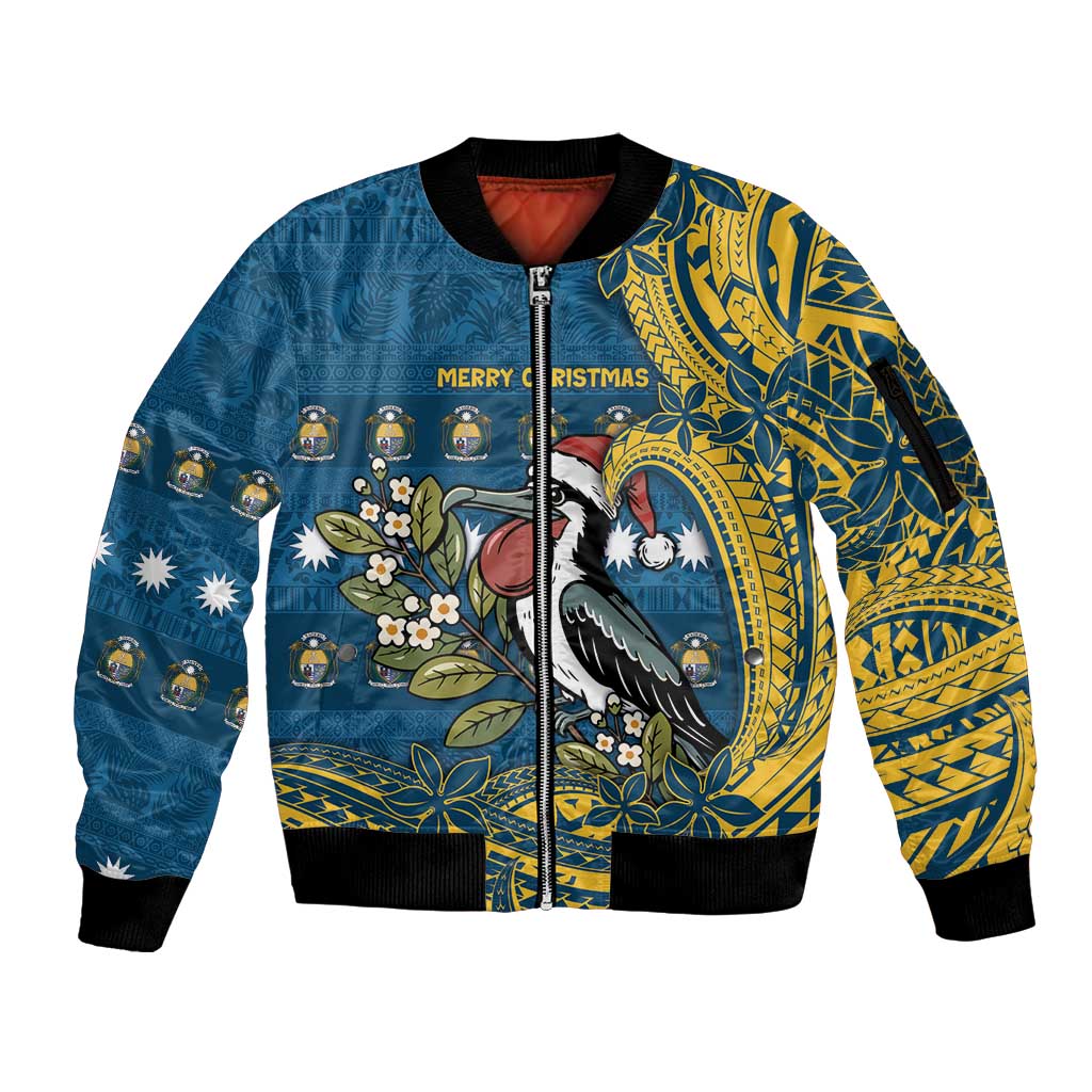 Nauru Christmas Sleeve Zip Bomber Jacket Frigatebird Bird Santa Tribal Waves DT05 Unisex Deep Blue - Polynesian Pride