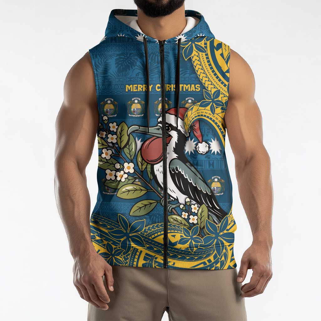 Nauru Christmas Sleeveless Zip Hoodie Frigatebird Bird Santa Tribal Waves - Polynesian Pride