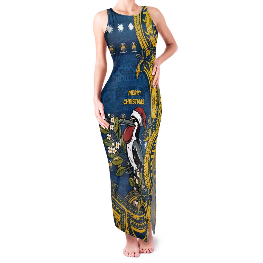 Nauru Christmas Tank Maxi Dress Frigatebird Bird Santa Tribal Waves DT05 Women Deep Blue - Polynesian Pride