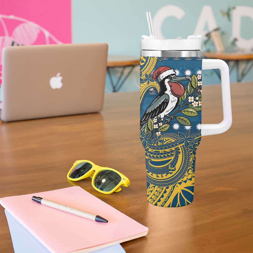 Nauru Christmas Tumbler With Handle Frigatebird Bird Santa Tribal Waves - Polynesian Pride