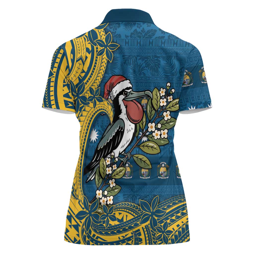 Nauru Christmas Women Polo Shirt Frigatebird Bird Santa Tribal Waves - Polynesian Pride