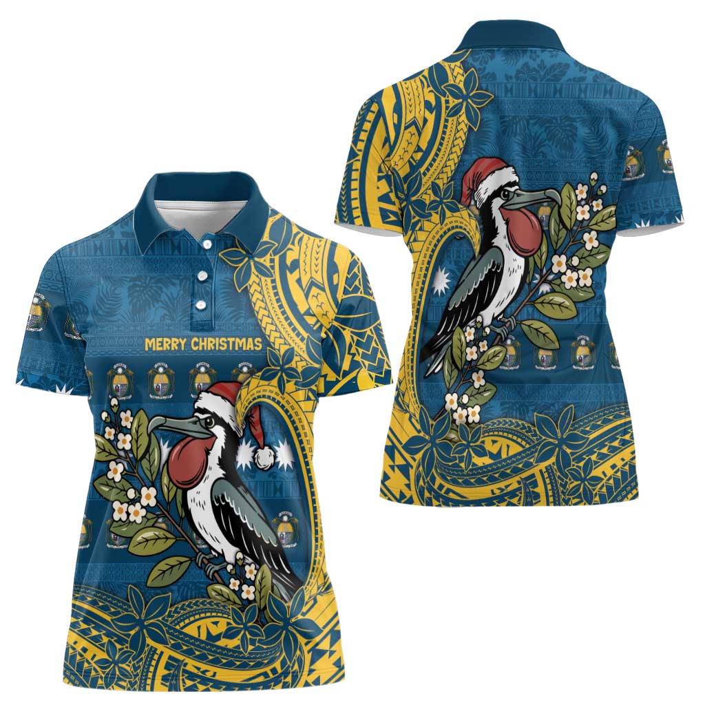 Nauru Christmas Women Polo Shirt Frigatebird Bird Santa Tribal Waves - Polynesian Pride