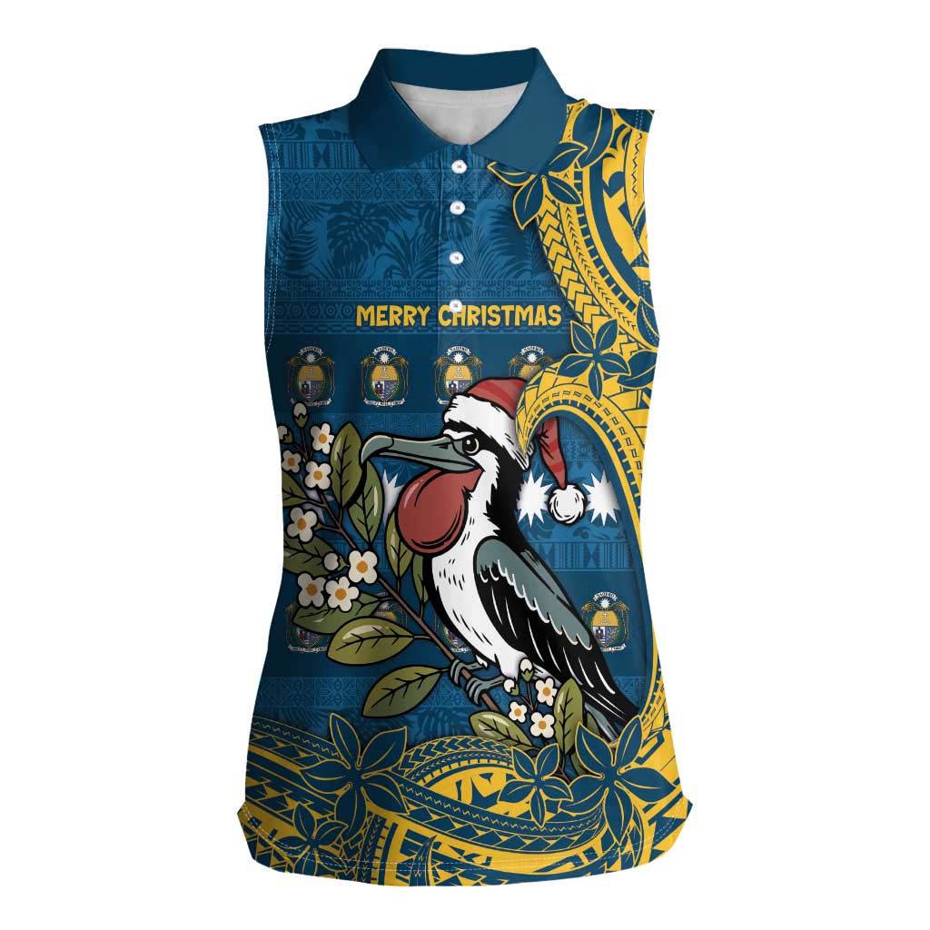 Nauru Christmas Women Sleeveless Polo Shirt Frigatebird Bird Santa Tribal Waves DT05 Female Deep Blue - Polynesian Pride